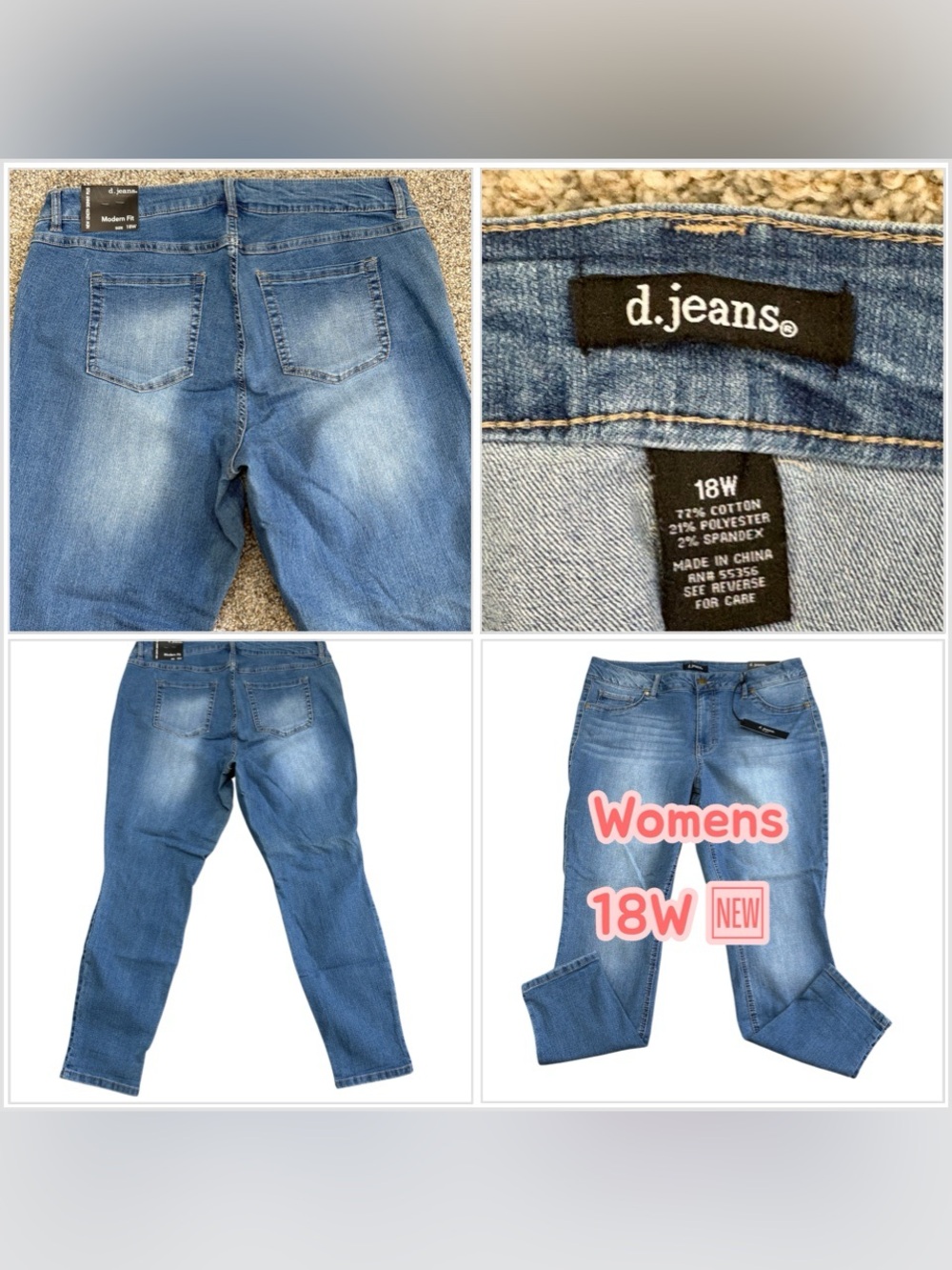 Womens d. jeans 18W Denim Light Whiskering Navy Blue Stretch Skinny High Rise